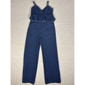 Anthropologie Ett.Twa Striped Denim Ruffle Fringe Jumpsuit Boho Peplum Hem Small